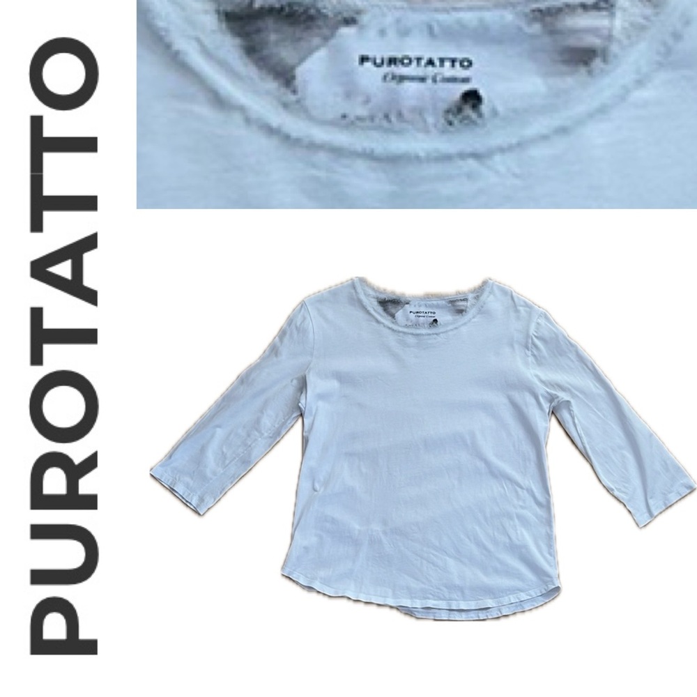 🐇3/4 Sleeve Organic Cotton White Top with Fringe Neckline  by Purotatto—Large